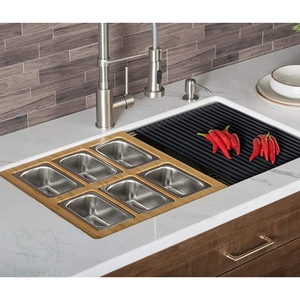 Planche de service en bambou avec bols de service rectangulaires en acier inoxydable Station de travail pour évier de cuisine encastré - Product Image 2