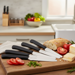 Set di 6 Coltelli da Cucina in Acciaio Inossidabile 3cr13 con Lama Seghettata, Punta Arrotondata, Manico in PP e Acciaio Inox, Logo Laser per Uso in Cucina - Product Image 3