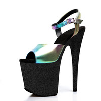Chaussures de pole dance noires brillantes à plateforme, dessus argenté, style gothique cool, 20 cm (8 pouces), pour performance en boîte de nuit, talons hauts sexy
