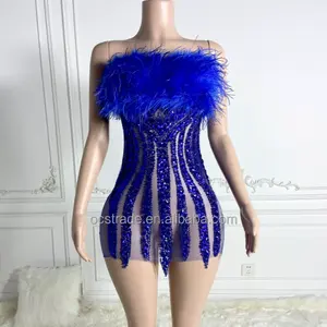Ocstrade Off The Shoulder Glitter Full Body Rhinestone Blue Colour Club Dress Elegant Feather Birthday Dresses For Girls 21Th