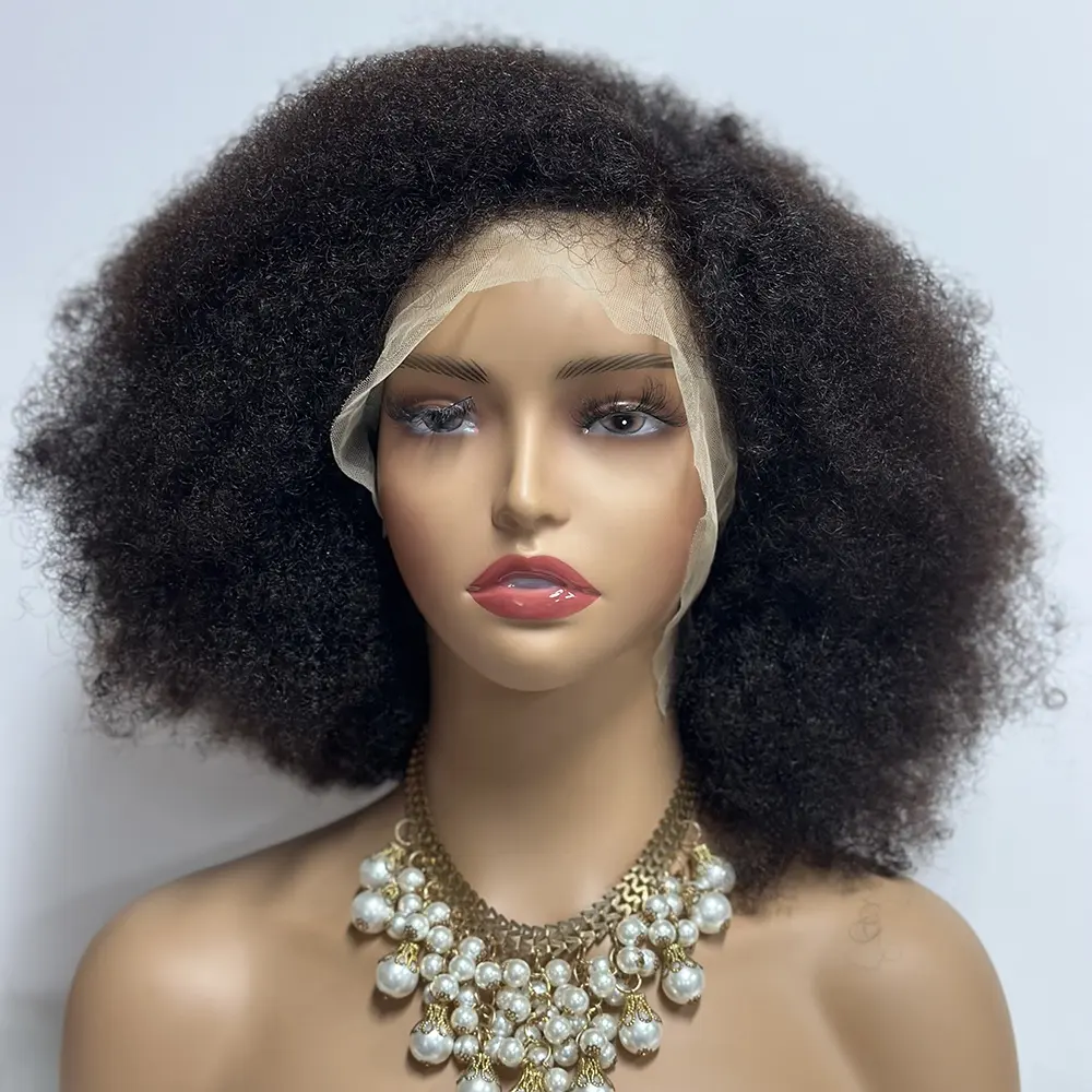 Groothandel Kinky Curly Front Lace Human Hair Pruik Natuurlijke Kant Voorkant Sluiting Rauw Menselijk Haar Pruik Afro Kinky Curly Pruik