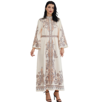 Robe longue vintage à col montant imprimée, vêtement islamique pour femme, Abaya Kaftan, ceinture dorée, polyester, sur mesure, ivoire, élégante