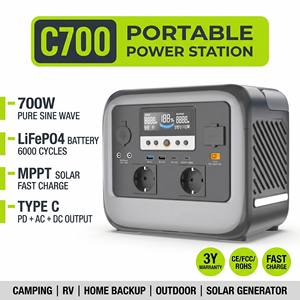 Générateur solaire portable C700 700W, batterie MPPT, onde sinusoïdale pure, charge rapide AC Type C, camping en plein air - Product Image 5