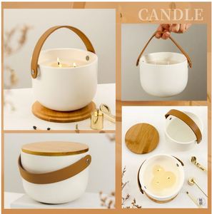 Custom Logo White High Quality Cylindrical Ceramic <b>Candle</b> Jar Bamboo Lid Leather Handle <b>Bulk</b> Wholesale for <b>Candle</b> Making Home - Product Image 4