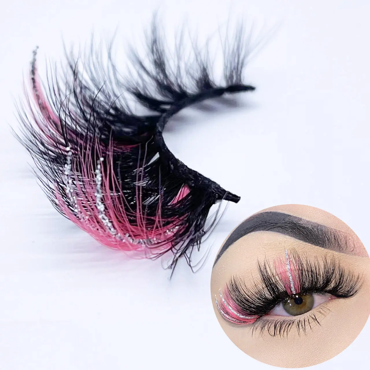 Haute qualité 20-25mm cils brillants colorés en gros cils de vison vendeur couleur paillettes chatoyantes cils colorés 3D cils de vison