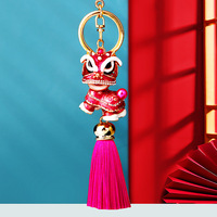Porte-clés en métal style chinois Danse du Lion avec pendentif anneau incrusté de diamants, accessoire de sac unisexe, cadeau