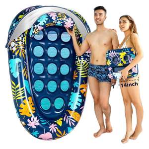 เก้าอี้ลอยน้ำสำหรับสระว่ายน้ำพร้อมหลังคา ที่วางแก้ว หมอน ปรับระดับได้ และม่านบังแดดแบบถอดได้ ทำจาก PVC แบบเป่าลม - Product Image 1