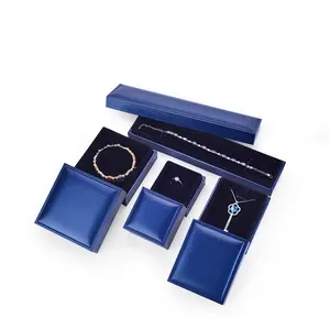 MJJ custom Lid and Cover smooth blue brushed PU leather jewelry box with black velvet for earring necklace pendant bangle