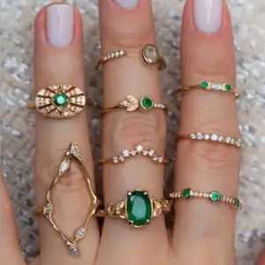 9pcs/sets Bohemia Luxurious Gold Color Finger Rings Hollow Geometric Hard Green Crystal Stone Jewelry For Women Men