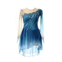 Robe de patinage artistique asymétrique à manches longues en maille bleue dégradée avec strass pour enfants et adultes, idéale pour les compétitions et spectacles de patinage sur glace
