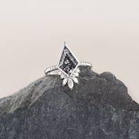 Bague de fiançailles en argent sterling 925 plaqué or blanc, sertie de quartz rutilé noir naturel en forme de cerf-volant