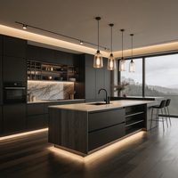 Ensemble d'armoires de cuisine îlot modernes noires brillantes de luxe sur mesure OPPOLIA pour villa