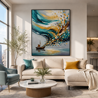 Tableau mural abstrait de voilier en turquoise éclatant encadré or, style impasto, décor Océan Éclatant pour complexe balnéaire et villa de plage