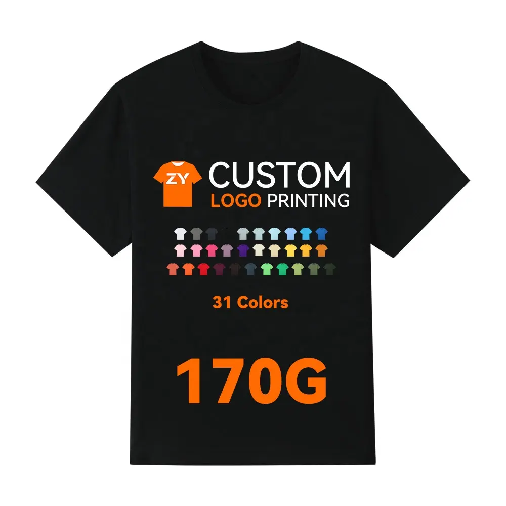 ZYtshirt 170g 로고 인쇄 및 사용자 정의 라벨이있는 맞춤형 고품질 일반 티셔츠 도매 소프트 코튼 블랭크 티