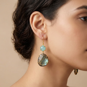 Natural Labradorite Chalcedony Drop <b>Earrings</b> Brass 18k Gold Plated Hexagon & Egg Shape Gemstone <b>Earring</b> Women Fashion Jewelry - Product Image 2