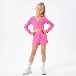Conjuntos <span class=keywords><strong>de</strong></span> Ropa para Niñas Pequeñas, Color Rosa Fucsia, Top Corto Cruzado con Cuello en V y Manga Larga, Pantalones Cortos Tipo Delfín, Dos Piezas - Product Image 1