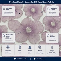 Tissu en polyester 100% ripstop à dentelle florale 3D, lavande, orné de perles d'organza plissées, pour robe de soirée femme