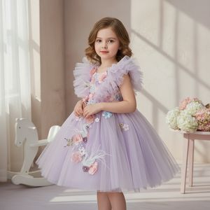 Piccola gonna floreale con maniche volanti gonna abito viola da principessa per bambina con paillettes con perla cigno <span class=keywords><strong>farfalla</strong></span> abito da ragazza fiore - Product Image 1