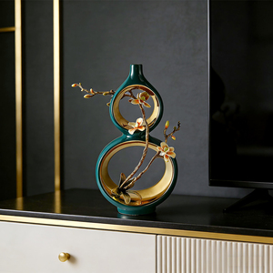 Nuevo Jarrón de Cerámica Esmaltada Estilo Chino, Diseño de Calabaza Hueca con Flores Doradas, Decoración para Sala de Estar, Entrada, Mueble de TV - Product Image 2