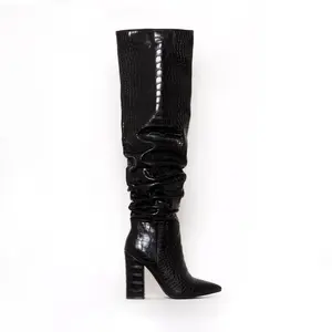 Anmairon-Bottes pour femme à genou stiletto imprimé croco noir sur mesure