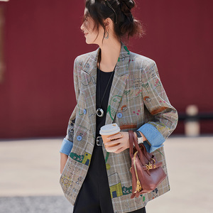 Women's Blazer Gray Plaid Graffiti Pattern Breathable Spring Autumn Casual Suit Jacket - Product Image 4