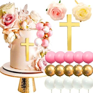 Ensemble de décorations de gâteau en forme de croix dorée avec des roses blanches et des pics décoratifs <span class=keywords><strong>pour</strong></span> baptême, première <span class=keywords><strong>communion</strong></span> et mariage - Product Image 3