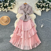 Ensemble de 2 pièces pour femmes WIWT, haut élégant en tweed à manches courtes et jupe longue plissée rose, pour un usage quotidien, vêtements pour femmes
