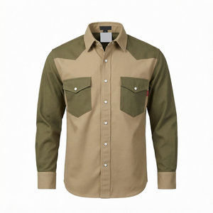 Chemise de travail pour homme en coton respirant bicolore olive et kaki à manches longues avec poches poitrine - Product Image 1