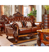 Ensemble de Canapés Chesterfield Classique Européen Meubles de Salon Sculpture sur Bois, Canapé en Cuir Sculpté 3 Places Combinaison 123
