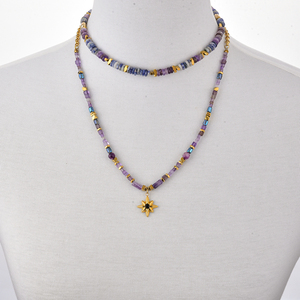 Collar elegante con cuentas de piedra natural en tonos dorados para mujer con colgante de estrella para ocasiones semiformales - Product Image 2