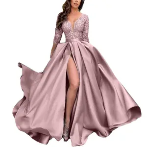 Goede Kwaliteit Plus Size Big Swing Hoge Split Formele Party Luxe Bruidsmeisje Floor-Length Lace Lange Avondjurk jurk