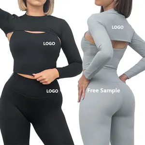 Commercio all'ingrosso 3 pezzi abbigliamento sportivo manica lunga Crop Top Pant Yoga Workout Set abbigliamento donna Active Wear palestra Fitness Set