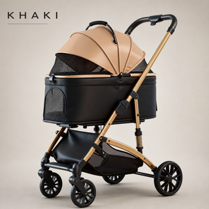Poussette pour animaux de compagnie tendance kaki avec panier amovible, chariot de voyage respirant à 4 roues - Product Image 1