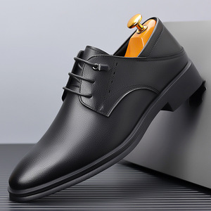 Zapatos de vestir para hombre de cuero genuino con punta en pico, con cordones, estilo Oxford, para oficina, carrera, todas las estaciones, transpirables, con suela de goma. - Product Image 1