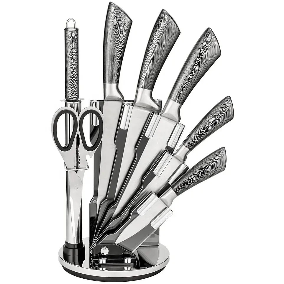 Conjunto de faca de cozinha, venda quente de alto carbono, aço inoxidável, cabo oco, bloco de faca, com suporte acrílico