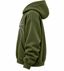 เสื้อฮู้ดดี้โอเวอร์ไซส์สีเขียวมะกอกสำหรับผู้ชาย ผ้าฝ้ายฟลีซ 100% พิมพ์ลายใยแมงมุมด้านหน้า มีกระเป๋าจิงโจ้ เหมาะสำหรับฤดูหนาว - Product Image 5