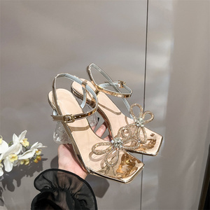 Nuevas Sandalias de Tacón Alto de Mezclilla para Mujer, Diseño Elegante con Lazo de Cristal y Pedrería, para Fiesta, 2024 - Product Image 3