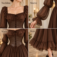 Robe Midi Femme ODM en Mousseline de Soie avec Volants, Corsage Lacé, Manches Longues Bouffantes et Jupe Froncée – Idéale pour les Occasions Spéciales
