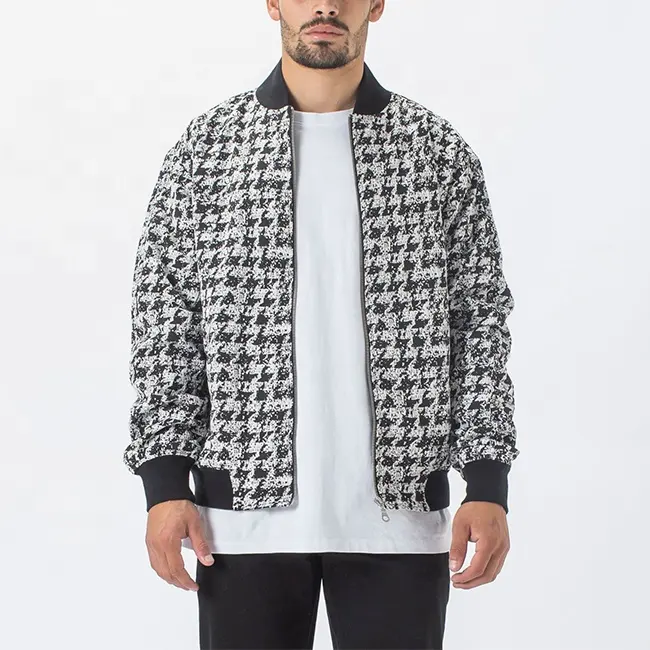High quality custom Fashion design black and white tweed Bomber Men Crid Jacket