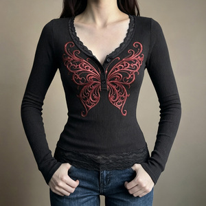 Women's <b>Y2K</b> Butterfly Print Color Block Lace Trim Knitted <b>Long</b> <b>Sleeve</b> T-Shirt Stretchy Slim Fit Casual Fall <b>Top</b> - Product Image 2