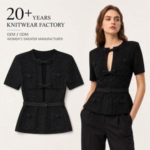 Maglioni Moda Donna, Top Nero a Maniche Corte in <span class=keywords><strong>Maglia</strong></span> con Bottoni, Fiocco, Ricami e <span class=keywords><strong>Paillettes</strong></span>, Blusa Traspirante Casual OEM ODM - Product Image 1