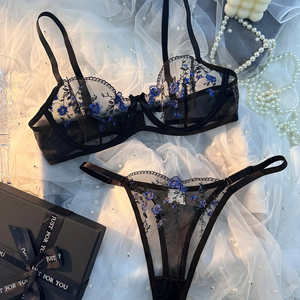 Set Lingerie Sexy da Donna in <span class=keywords><strong>2</strong></span> Pezzi, <span class=keywords><strong>Reggiseno</strong></span> con Spalline e Pizzo, Slip Trasparenti con Fiocco, Completo Intimo - Product Image 1
