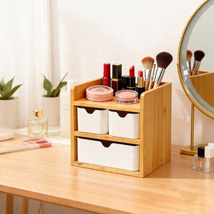 Bamboo Fiber Desktop <b>Storage</b> <b>Box</b> Double Layer With <b>Drawers</b> Organizer For Office Bedroom Jewelry - Product Image 3