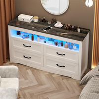 Commode LED style ferme avec 4 tiroirs et étagère ouverte, meuble de rangement en bois blanc et noir pour chambre et salon