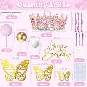 Kit de décoration de gâteau Couronne de Cristal, Diadème en Strass, Boule de Bougie Ondulée Dorée Papillon Filigrane, Joyeux Anniversaire, Fournitures de Fête Princesse - Product Image 5