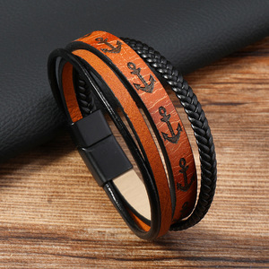 Hot Selling Charm Bracelet Multi-Layer Navy Blue Anchor Leather Hand Woven Classic Style Bracelets for <b>Men</b> - Product Image 4
