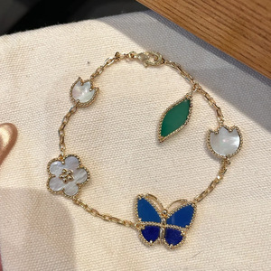 Pulsera Apilable de Lujo Ligero con Baño de <span class=keywords><strong>Oro</strong></span> de 18K, Piedra Natural, Mariquita, Mariposa Azul, Trébol de Cuatro Hojas y Hoja Verde de Fritillaria, Amuleto de la Suerte - Product Image 2