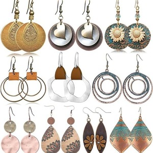 Boucles d'oreilles pour femmes en bois et cuir ethniques vintage bohèmes classiques, design géométrique, tournesol, Noël, bronze antique plaqué, fête - Product Image 2