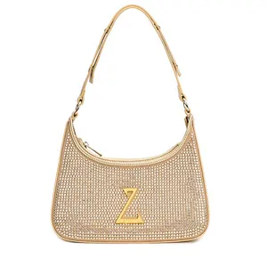 Hot Selling Luxury Shoulder Bag Branded Gold Crystal Purse Leather Handbag Glitter Bling Rhinestone Woman's Tote Bag for Women