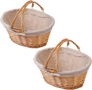 Panier de pique-nique en osier avec doublure en tissu amovible, panier de rangement ovale en saule avec poignées, panier à fruits et à pain de style campagnard - Product Image 3